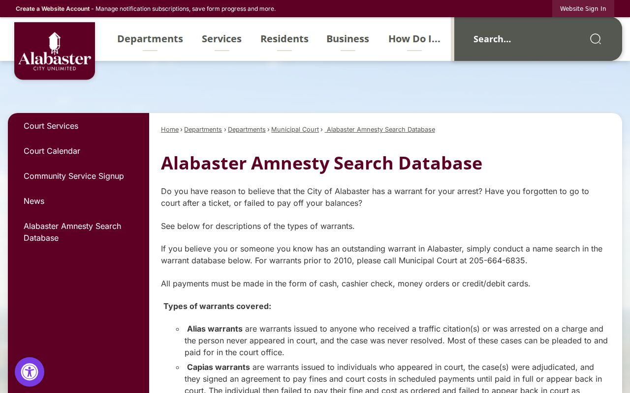 Alabaster criminal history amnesty warrant search database