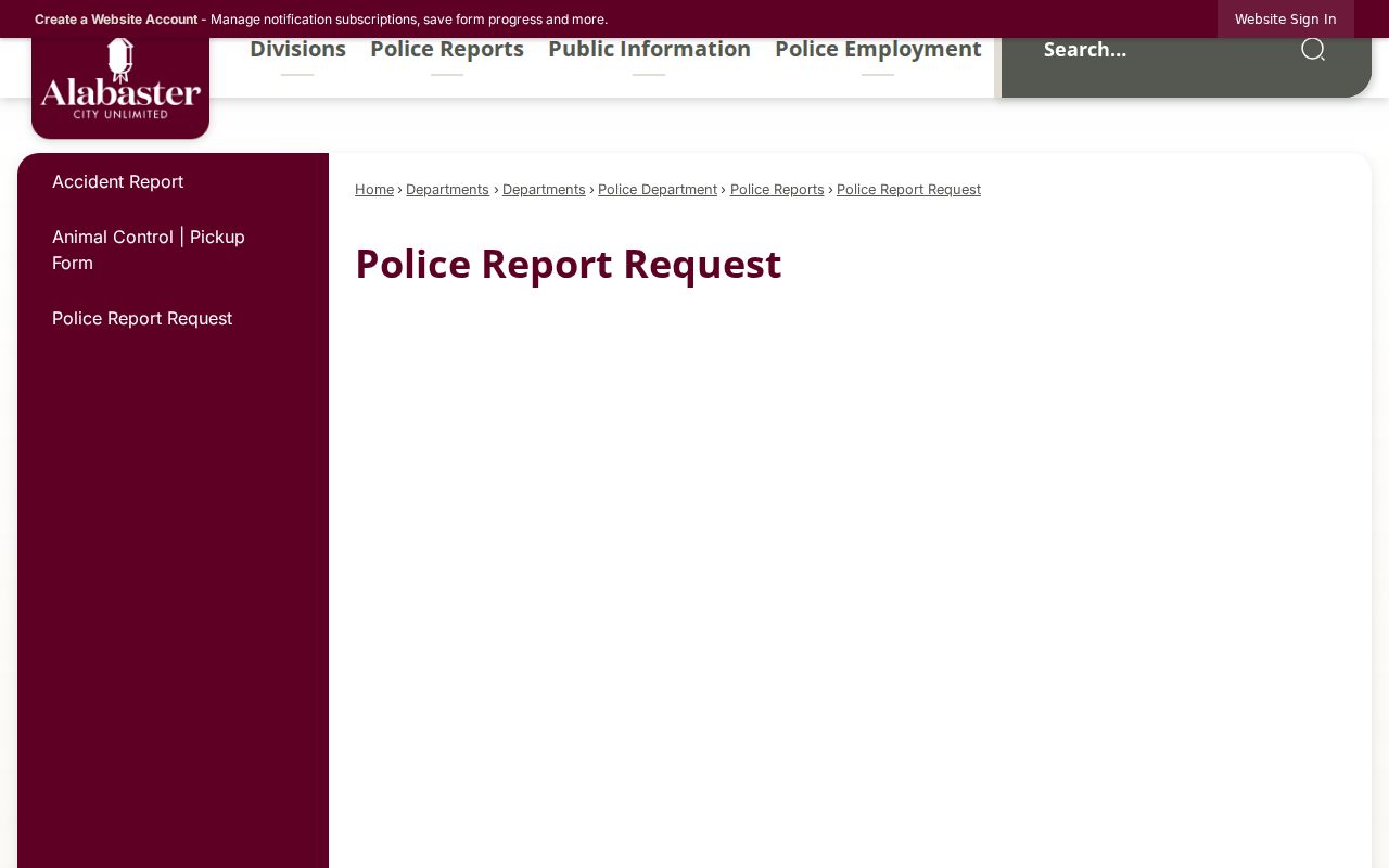 Alabaster criminal history police report request page