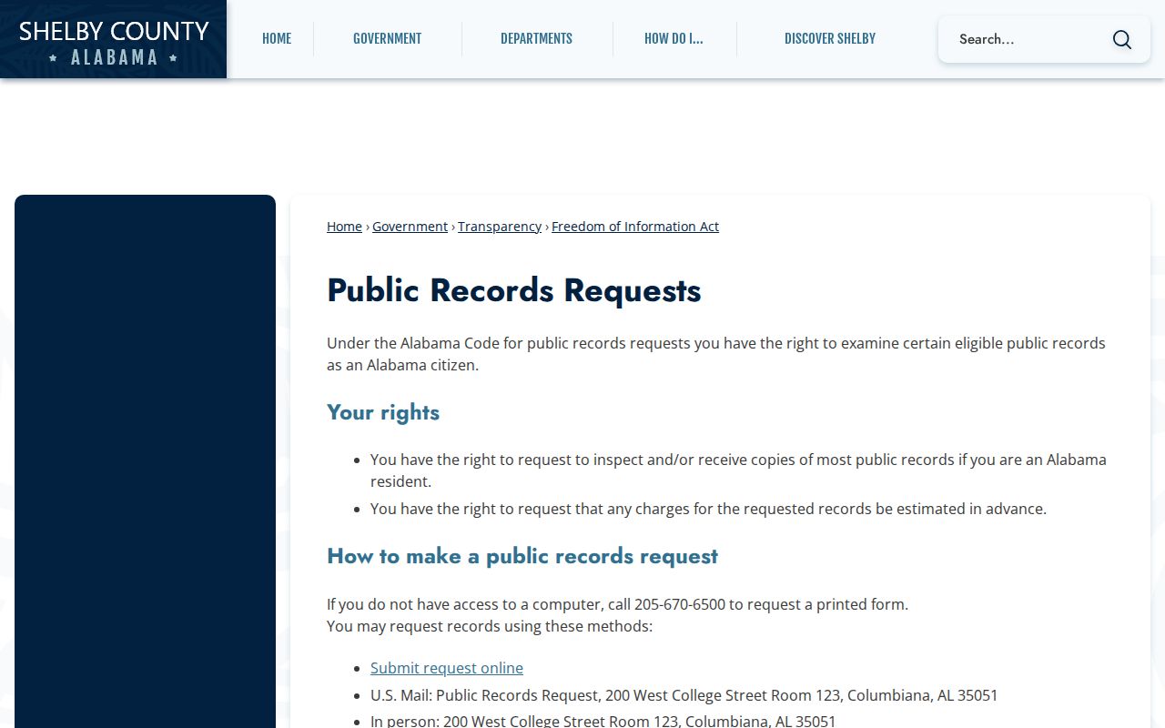 Shelby County online criminal records request form